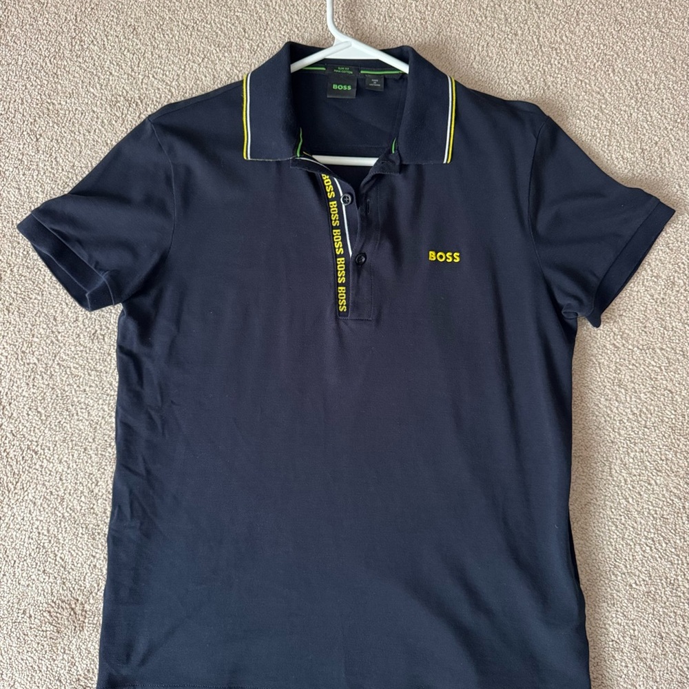BOSS Men's Dark Polo with Yellow Accents